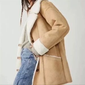 Free People Tan and Cream Shearling Coat